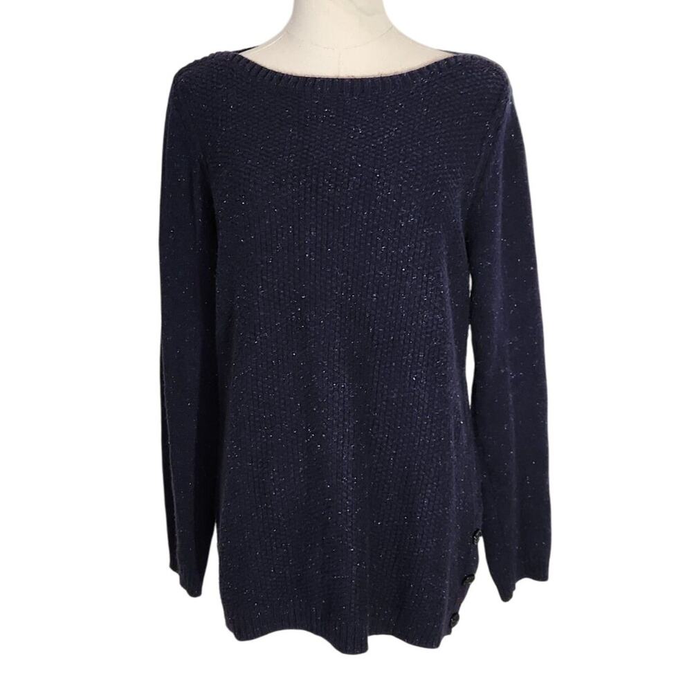 Talbots Navy Blue Speckled Sweater Long Sleeve Cotton Blend Womens Petite Size M